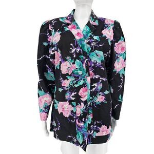 Vintage Avon Floral Open Front Blouse Black L